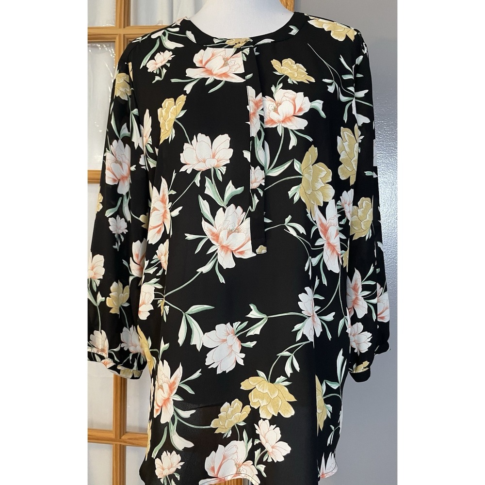JM Collection Floral Blouse XL Pink Yellow Long Sleeve Crewneck Boho Career City